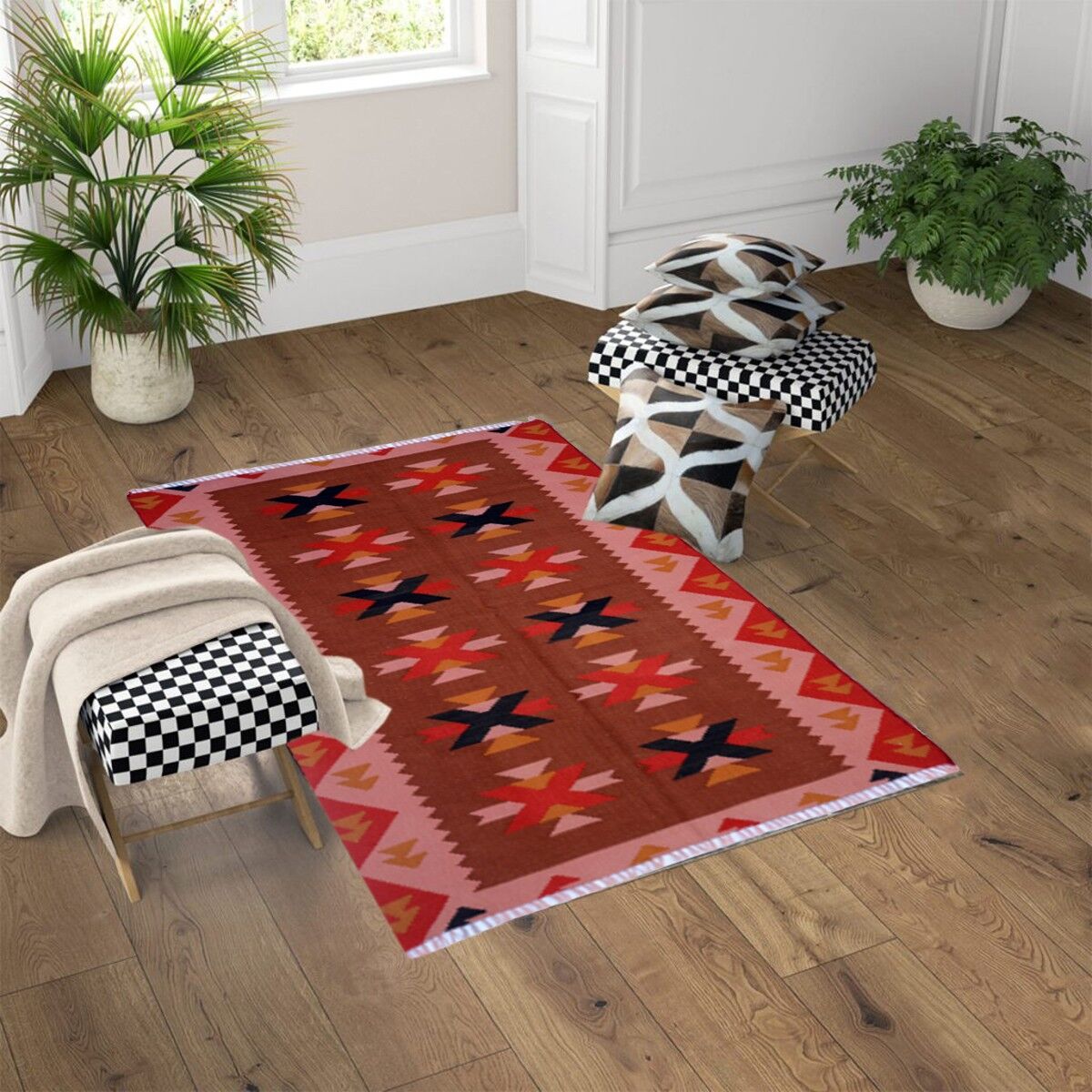 Tappeto Kilim rosso vintage fatto a mano Robin