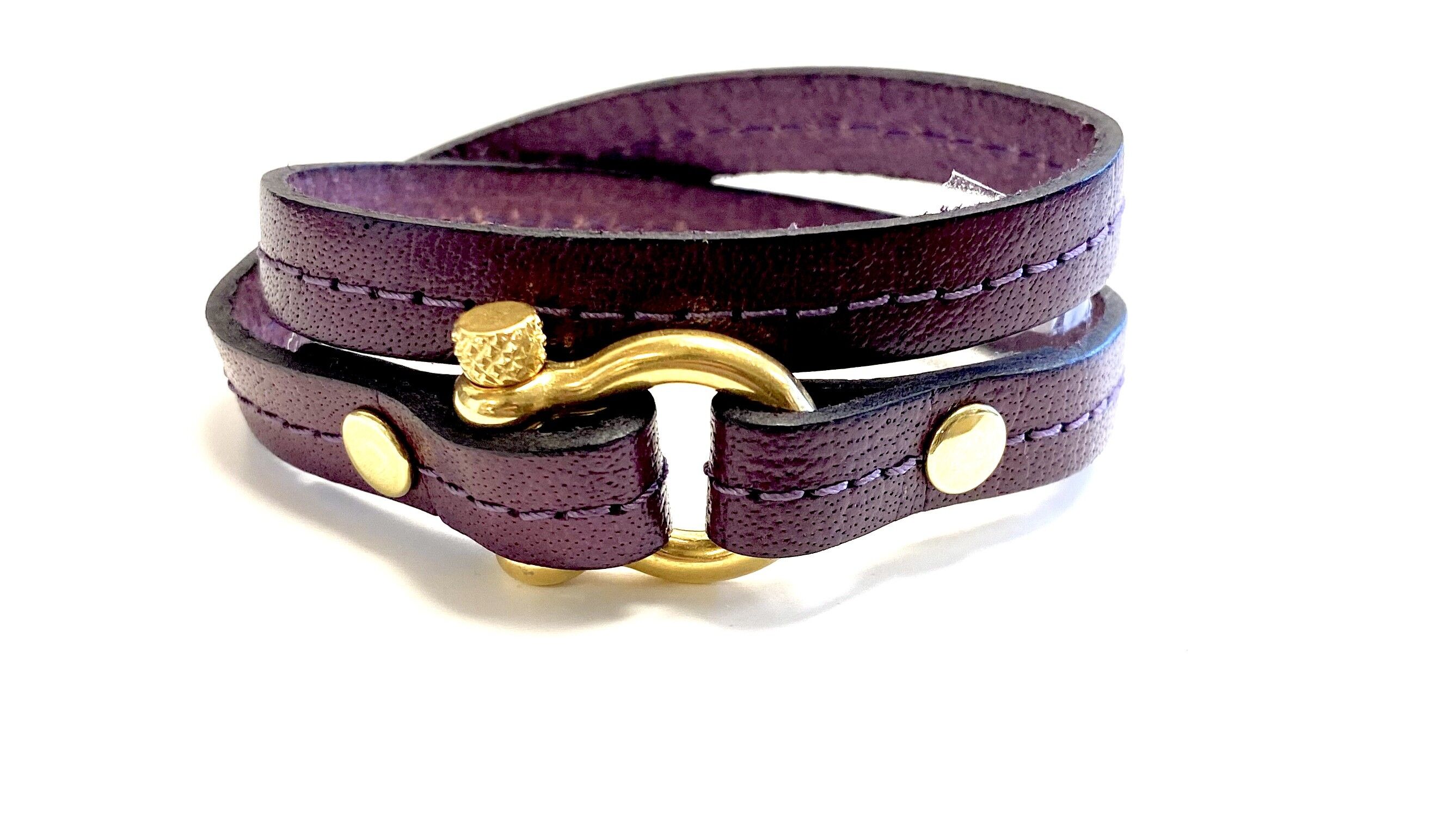 Bracciale in pelle stile Hermes viola scuro/grillo oro