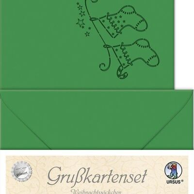 Tarjetas de felicitación grabadas con láser "Calcetines navideños", verde abeto