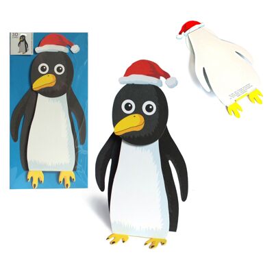 Tarjeta de Navidad 3D "Pingüino con gorro de Papá Noel"