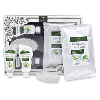 Foot Care Pedicure Gift Set - Foot Spa Pamper Box | Mint and Lemon Foot Scrub, Foot Lotion, Foot Mask, Pumice Stone
