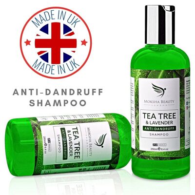 Champú anticaspa de aceite de árbol de té - [fabricado en el Reino Unido] grado terapéutico | Antifúngico mata las bacterias para el cuero cabelludo y el cabello escamosos y con picazón seca | Previene los piojos Hombres Mujeres | 250ml