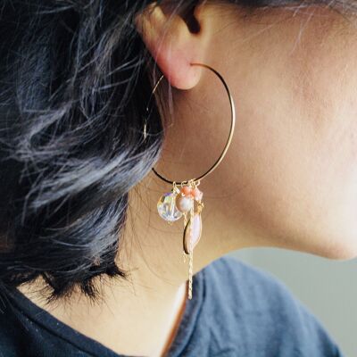 Boucles d’oreilles double cerceau en or rose, avec des charmes détachables et demi-cercle, cristaux Swarovski pêche corail et argent céramique rose vintage