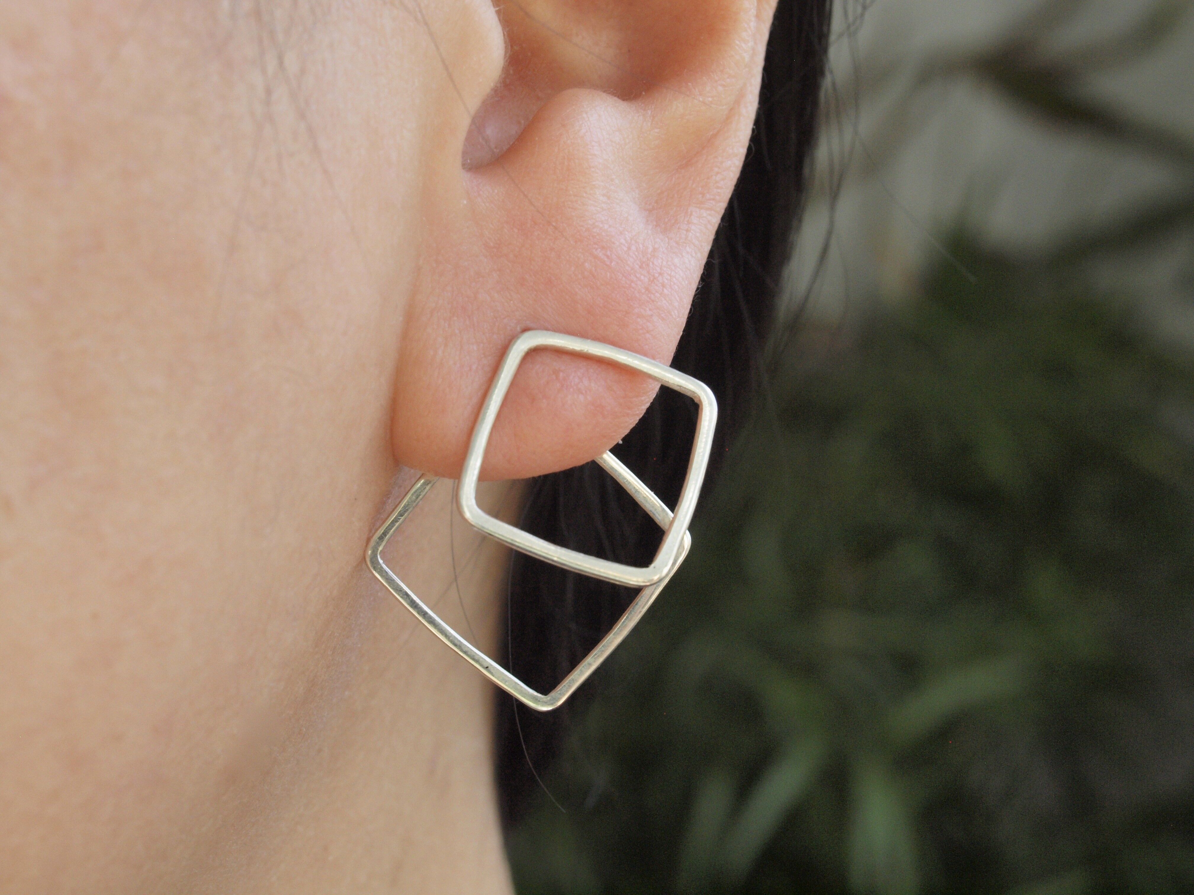 Doppia losanghe cerchi stud, orecchini in oro sterlina giacca orecchio, fronte fronte doppio cerchi quadrati cerchi orecchini a cerchio a forma di diamante