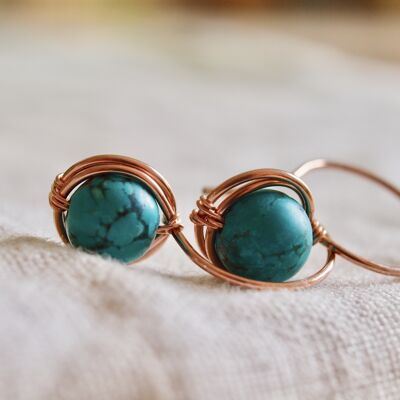 Rose gold turquoise earrings, French Dangle Turquoise, Wirewrapped, Medium size, 8mm stone, December birtstone, gift for December babies