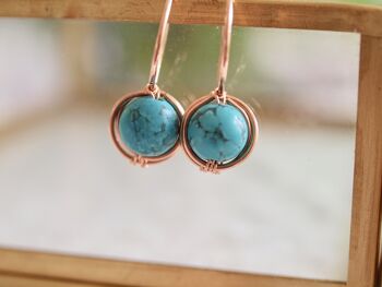 Boucles d’oreilles en or rose turquoise, Français Dangle Turquoise, Wirewrapped, Taille moyenne, pierre de 8mm, birtstone décembre, cadeau pour les bébés de décembre 3