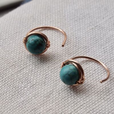 Huggie turquoise stone earrings, December birthstone in rose gold