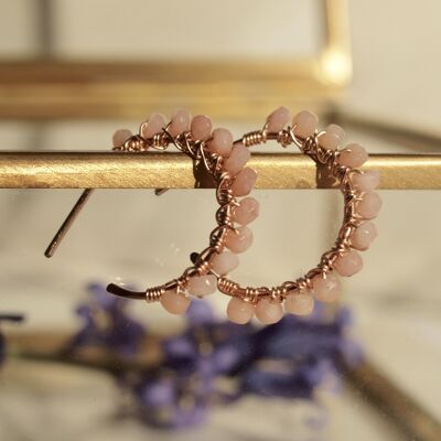 Rose Gold huggie earrings with pink opal thread, handmade gemstone earrings, hoop earrings filled with rose gold with gemstone
