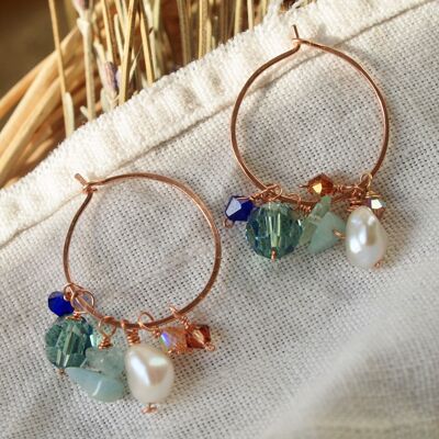 Circle Hoops earrings with freshwater keshi pearls and Swarovski crystals charms