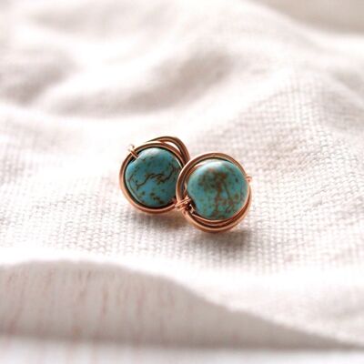 December Birthstone, Turquoise Stud Earrings, Simple Turquoise Earrings, Dot Earrings, howlite wire earrings wrapped in rose gold filled wire