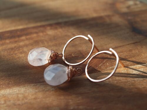 Boucles d’oreilles Rose Quartz Hoops, briolette coeur détachable, Bijoux Valentine, Bijoux Roses, Cerceaux d’Or Rose, Hoops Stud