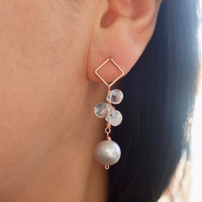 Read the full titleRainbow Moonstone and Pearl Dangle earrings, detachable detangles with diamond stud, rose gold filled, yellow gold filled, silver