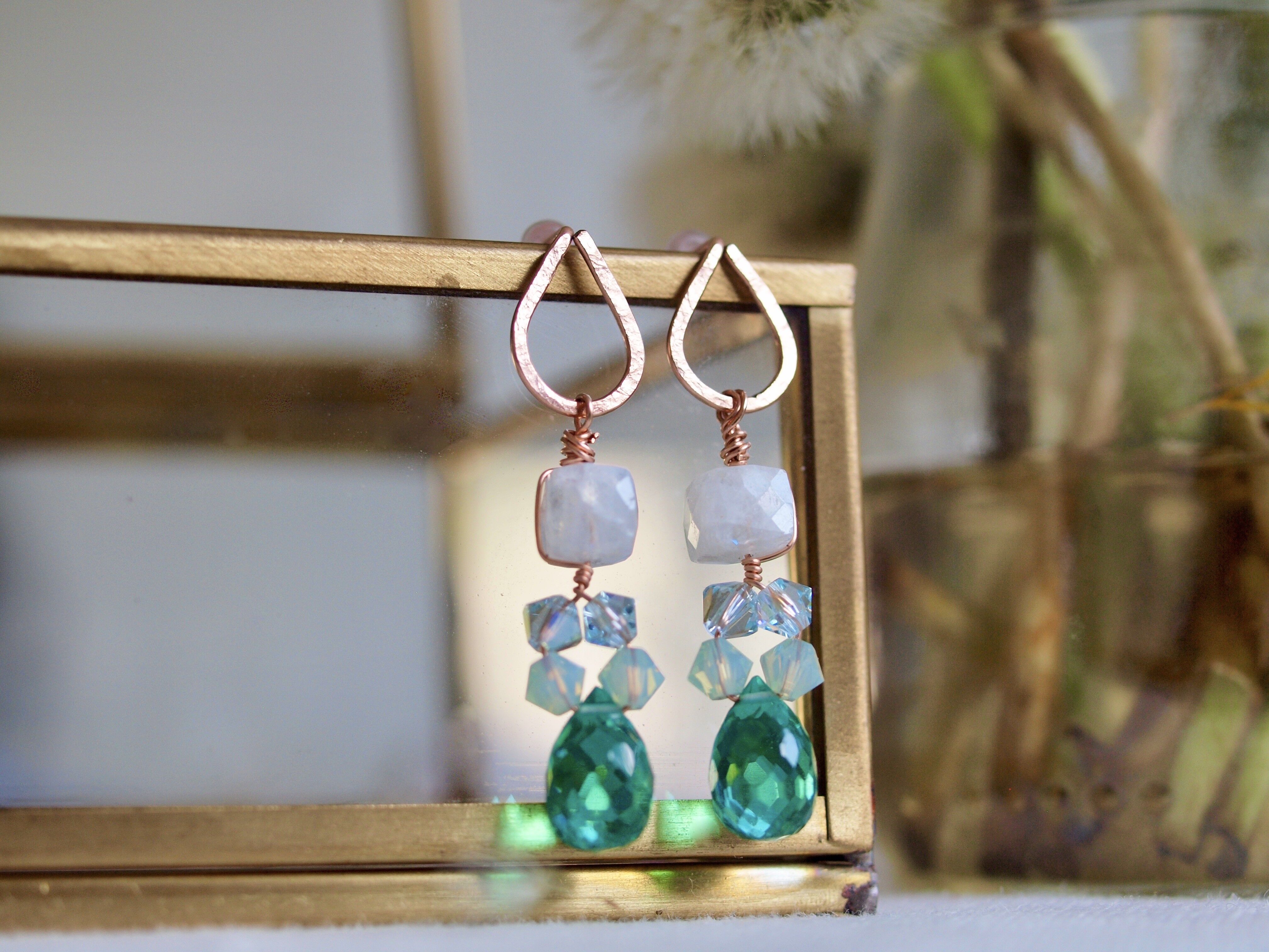 Orecchini Glam Pendenti Regalo per la Festa della Mamma, Cubo Arcobaleno Pietra Preziosa Quarzo Verde Ciondola Con Perno A Goccia Ovale Staccabile