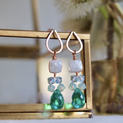Glam Dangle Earrings Mothers Day Gift, Rainbow Cube Gemstone Green Quartz Gemstone Dangle with Oval Teardrop Detachable Stud