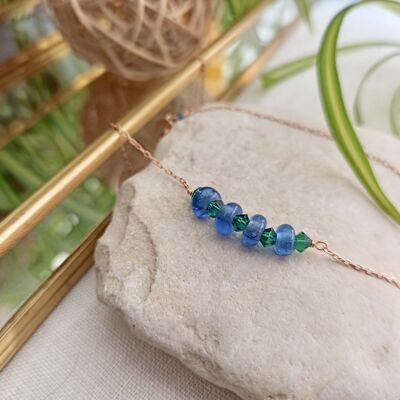 verre à souffle bleu et vert et cristaux Swarovski collier court en or rose chaîne remplie