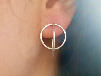 Boucles d’oreilles Silver Hoops Stud, cerceaux en cercle perpendiculaire 3D, brillance poli, look quotidien tendance 1