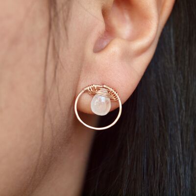 rainbow moonstone earrings, stud hoops, circular stud, gemstone hoops, head-to-head gemstone, moonstone hoops