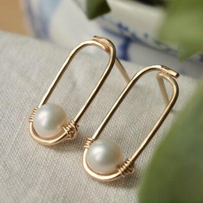 Boucles d’oreilles Gold Paperclip Stud avec perle blanche, boucles d’oreilles en perles, or rose, or jaune rempli ou argent sterling