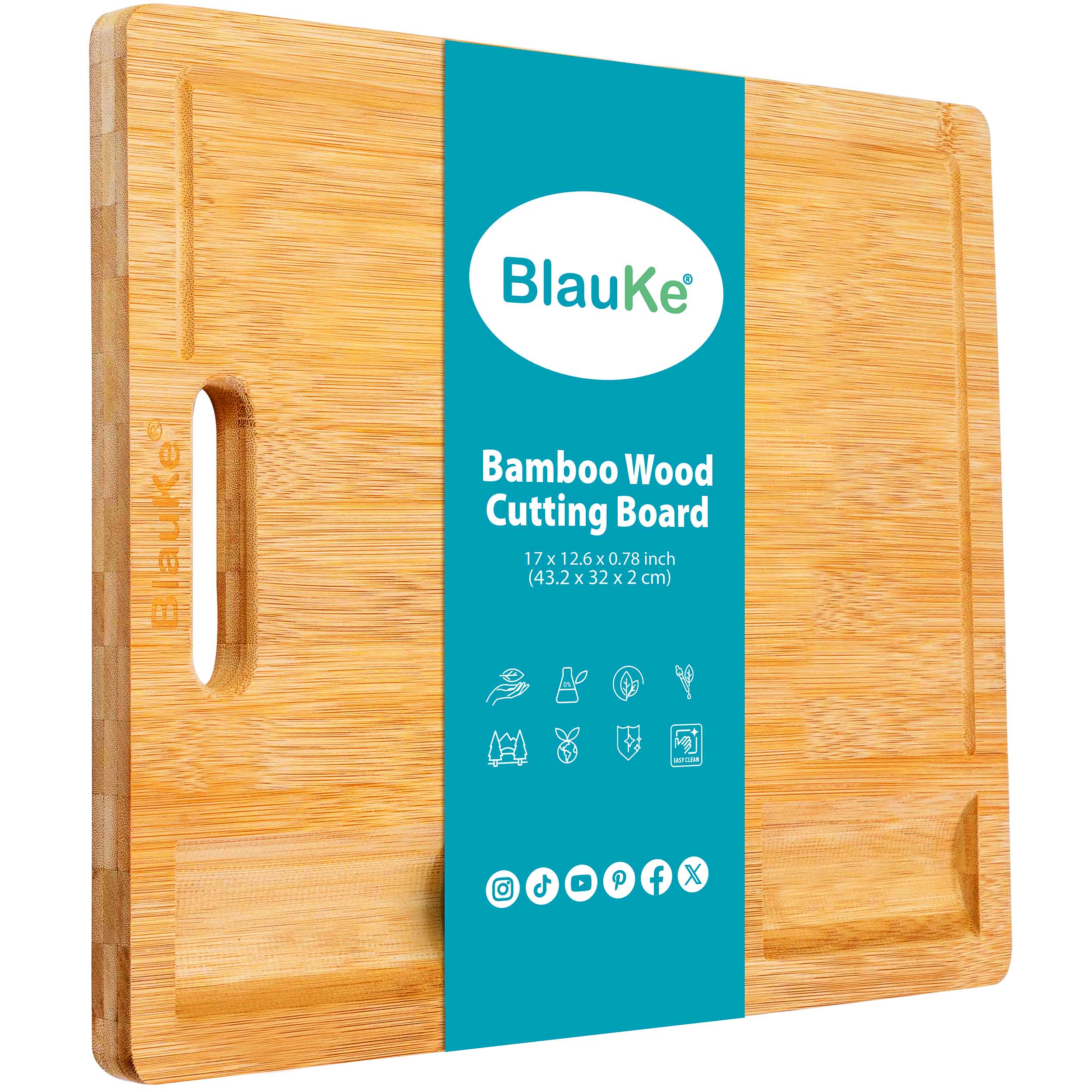 Planche à découper en bois BlauKe® pour la cuisine 43 x 32 cm – Planche à découper extra large en bambou avec rigole à jus, bloc de boucher, planche à découper en bois, plateau de service
