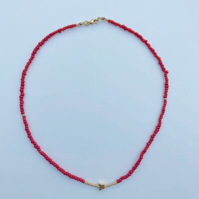 Beaded Necklace With Gold Plated Butterfly Charm - red