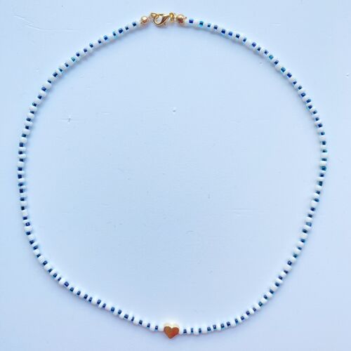 Beaded Necklace With Gold Plated Heart Charm Blue