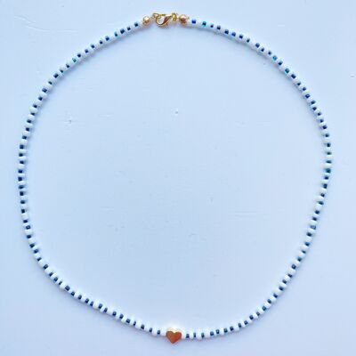 Perlenkette mit vergoldetem Herzanhänger Blau
