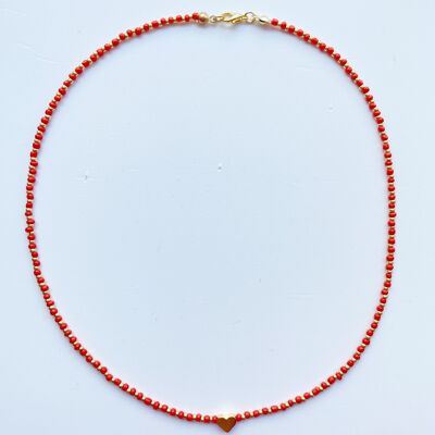 Beaded Necklace With Gold Plated Heart Charm Red