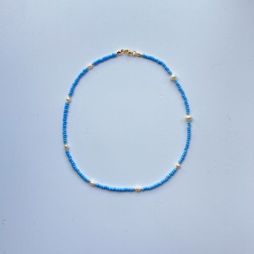 Beaded Necklace With Fresh Water Pearl - blue