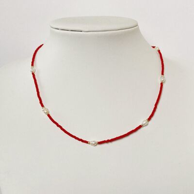 Collana con perle d'acqua dolce e perline - Girocollo - rosso