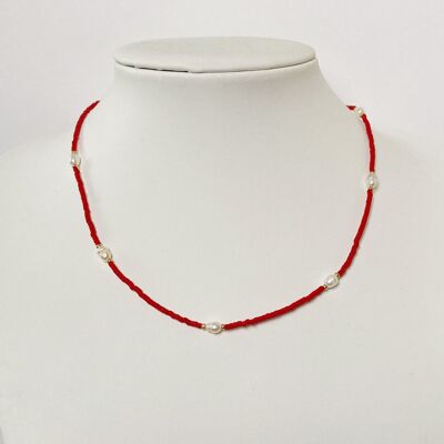 Freshwater Pearls And Bead Necklace - Choker - red