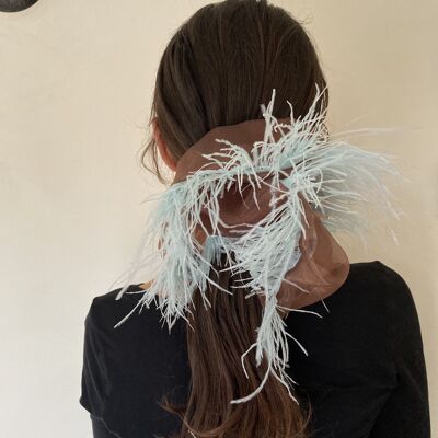 Feather Trimmed Fancy Hair Tie - brown