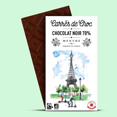 Barra de chocolate 80g Cuadrado de chocolate negro orgánico 70% Blend República Dominicana y Perú y cristales de menta