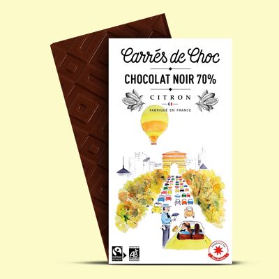 Tablette de chocolat 80g Carré de Choc Noir Bio 70% Assemblage République Dominicaine & Pérou & Cristaux de Citron Jaune
