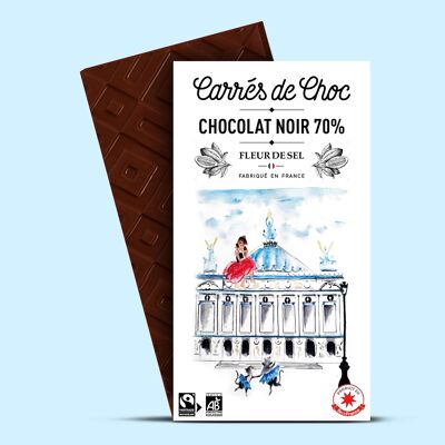 Tablette de chocolat 80g Carré de Choc Noir Bio 70% Assemblage République Dominicaine & Pérou & Fleur de Sel de l'Île-de-Ré
