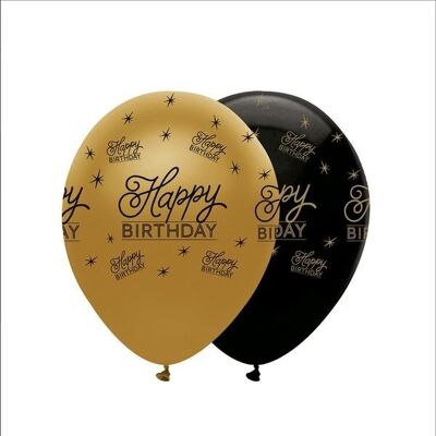 Globos de látex de feliz cumpleaños negros y dorados con estampado nacarado
