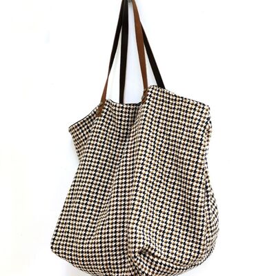 Graphic wool tote bag in brown and blue tones, black interior