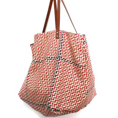 Blue, red, brown graphic fabric tote bag with black interior.