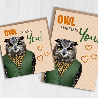 Aniversario del búho, tarjeta del Día de San Valentín: El búho que necesito eres tú (Animalyser)