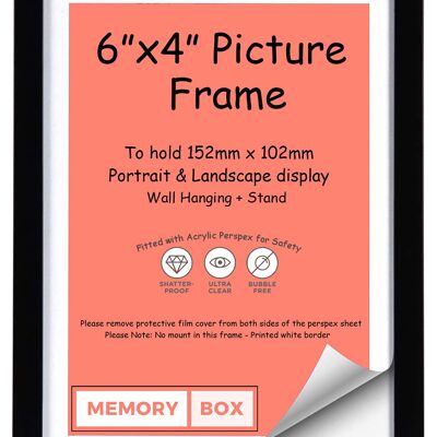 Wrapped MDF Picture/Photo/Poster frame with Perspex Sheet - Moulding 20mm Wide and 15mm Deep - (15.2 x 10.2cm) Black 6" x 4"