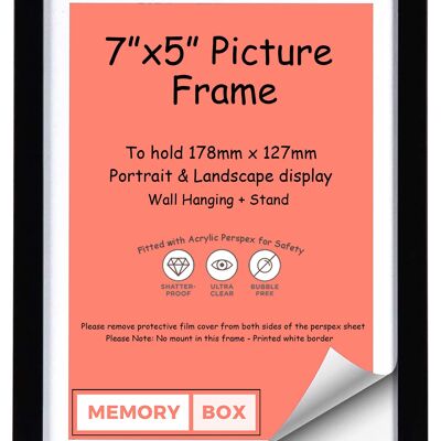 Wrapped MDF Picture/Photo/Poster frame with Perspex Sheet - Moulding 20mm Wide and 15mm Deep - (17.8 x 12.7cm) Black 7" x 5"