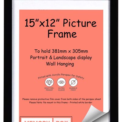 Wrapped MDF Picture/Photo/Poster frame with Perspex Sheet - Moulding 20mm Wide and 15mm Deep - (38.1 x 30.5cm) Black 15" x 12"