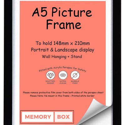 Wrapped MDF Picture/Photo/Poster frame with Perspex Sheet - Moulding 20mm Wide and 15mm Deep - (5.83"x8.27") (14.81 x 21.01cm) Black A5