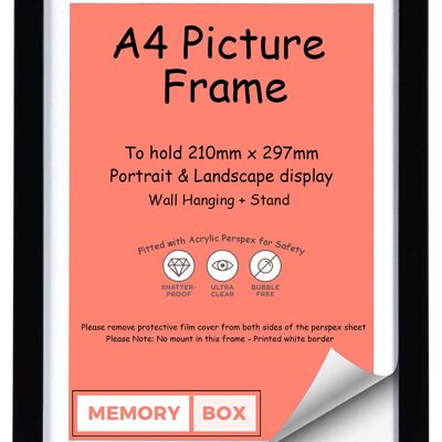 Wrapped MDF Picture/Photo/Poster frame with Perspex Sheet - Moulding 20mm Wide and 15mm Deep - (11.75" x 8.25") (21.0 x 29.7cm) Black A4