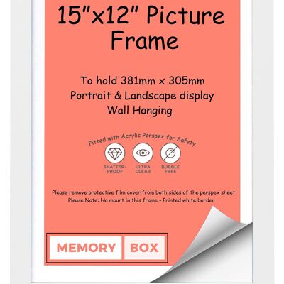 Wrapped MDF Picture/Photo/Poster frame with Perspex Sheet - Moulding 20mm Wide and 15mm Deep - (38.1 x 30.5cm) White 15" x 12"