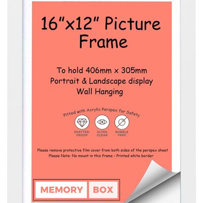 Wrapped MDF Picture/Photo/Poster frame with Perspex Sheet - Moulding 20mm Wide and 15mm Deep - (40.6 x 30.5cm) White 16" x 12"