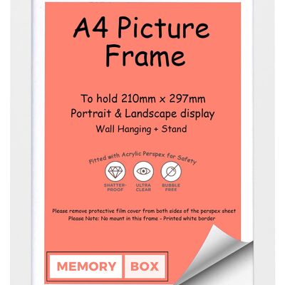 Wrapped MDF Picture/Photo/Poster frame with Perspex Sheet - Moulding 20mm Wide and 15mm Deep - (11.75" x 8.25") (21.0 x 29.7cm) White A4