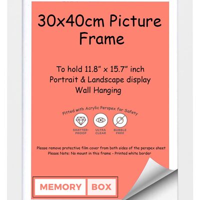 Wrapped MDF Picture/Photo/Poster frame with Perspex Sheet - Moulding 20mm Wide and 15mm Deep - (30 x 40cm) White 11.8" x 15.7"