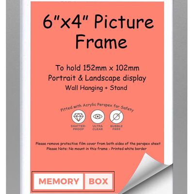 Wrapped MDF Picture/Photo/Poster frame with Perspex Sheet - Moulding 20mm Wide and 15mm Deep - (15.2 x 10.2cm) Silver 6" x 4"