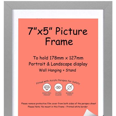 Wrapped MDF Picture/Photo/Poster frame with Perspex Sheet - Moulding 20mm Wide and 15mm Deep - (17.8 x 12.7cm) Silver 7" x 5"