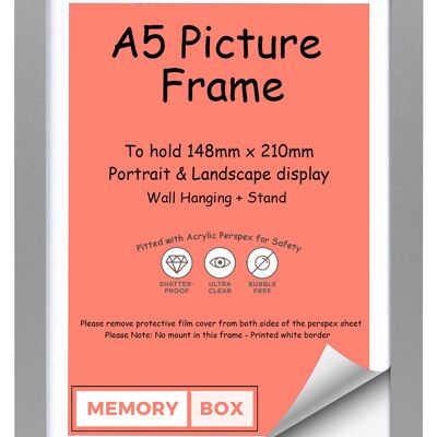Wrapped MDF Picture/Photo/Poster frame with Perspex Sheet - Moulding 20mm Wide and 15mm Deep - (5.83"x8.27") (14.81 x 21.01cm) Silver A5